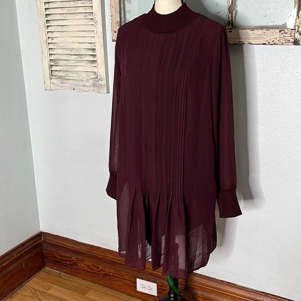 Club Monaco Womens Pintuck Rib Dress Robe Long Sleeve Turtle Neck Burgundy Sz 12